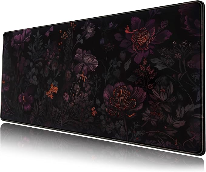 Dark Cottagecore Desk Mat Black Purple Flower XL Mouse Pad Large Gaming Mousepad Extended Vintage Aesthetic Desk Pad Keyboard Mouse Mat 31.5 x 11.8 in for Work Game Office Decor
