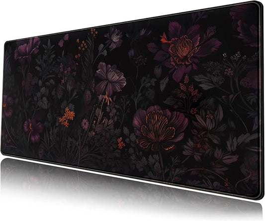Dark Cottagecore Desk Mat Black Purple Flower XL Mouse Pad Large Gaming Mousepad Extended Vintage Aesthetic Desk Pad Keyboard Mouse Mat 31.5 x 11.8 in for Work Game Office Decor