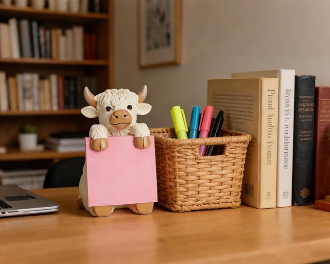 Highland Cow Pop-Up Sticky Note Dispenser with 100 Sheets 3 x 3 Inch Notes, Handmade Resin Highland Cow Desk Decor for Office, Home & Classroom, Gift for Teachers & Coworkers - Beige