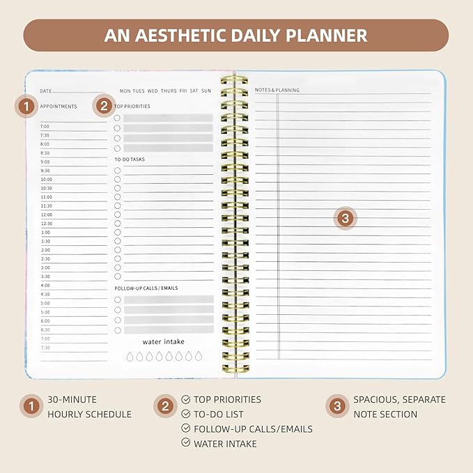 Undated Daily Planner - Spiral Notebook 80 Days One Day Per Page, Hourly Schedule, To-Do List, Notes, Everyday Planning Task, A5 Hardcover Journal Organizer Book Women Cute Aesthetic, Winter