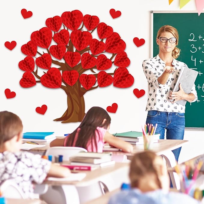 JarThenaAMCS 50Pcs Valentine' s Day Tree Bulletin Board Set 3D Heart Honeycomb Tree Classroom Decorations Red Heart Paper Cutouts for School Wall Door Decor Valentines Party Supplies