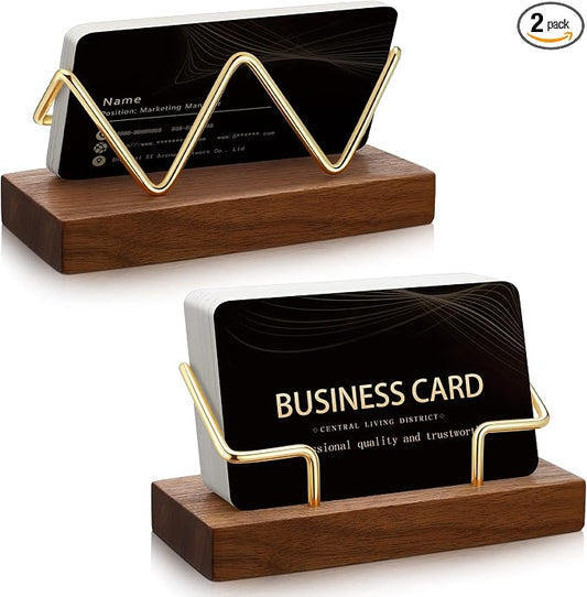 Amyhill 2 Pieces Wood Business Card Holder for Desk Wooden Business Card Display Stand Postcard Holder for Office Home Desktop (Wood Color, Gold)