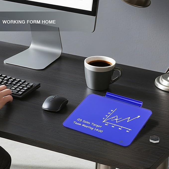 TOWON Navy Blue Glossy Mini Desktop Glass Whiteboard, 8 x 6 in Small Dry Erase Board for Desk with Pen Holder, Pure Glass Writing Surface with Accessories for Executive Office & Aesthetic Home Décor