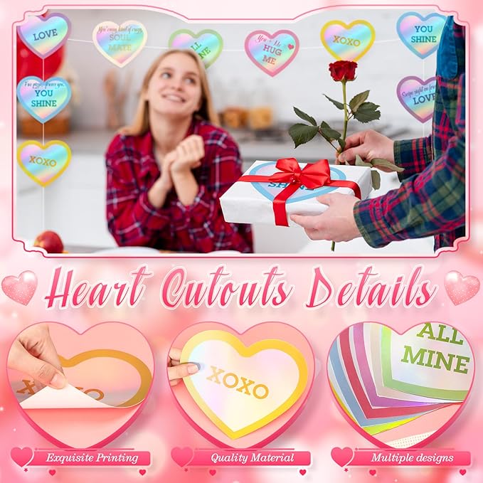 TaoBary 24 Pcs 7.08 Inch Large Heart Cutouts Shiny Iridescent Valentine's Day Conversation Heart Paper Cutouts Craft Pastel Valentines Bulletin Board Decorations for Classroom Poster Wall Party Decor