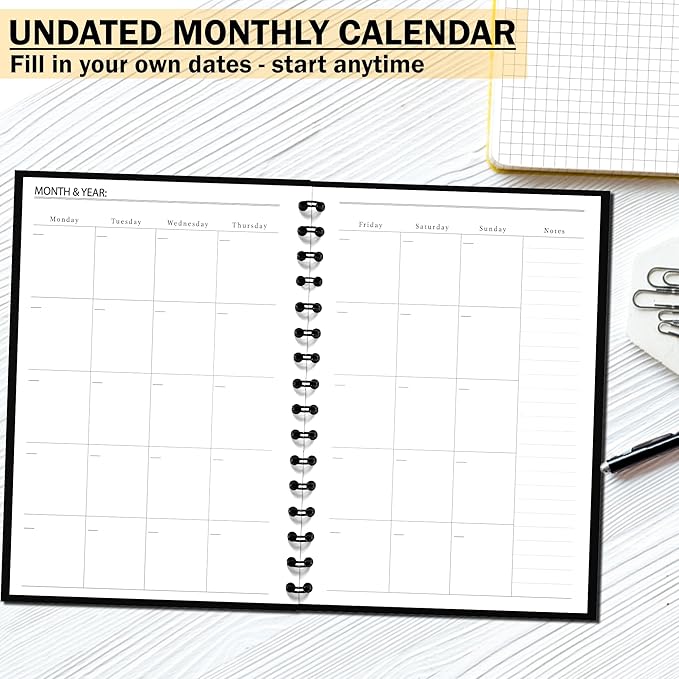 Undated Monthly and Weekly Planner - 12 Month Calendar Planner Notebook with Week Days - Hardcover Undated Planners Blank Agenda Book - A5 Navy Blue