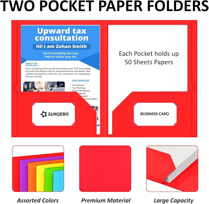 Two Pocket Folders, 6 Pack Paper Folders with Pockets, Durable Thick Paper File Folders, Fit Letter Size Paper, 6 Assorted Colors for Office, Home, Business, School Supplies
