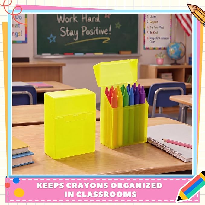 Clabby 4 Pcs Plastic Crayon Organizer Case for 24 Count Crayons Kids Art Supply Storage Box with Lid, Portable Holder for Classroom Home Travel, Fits Standard 24-Pack Crayon (Yellow)