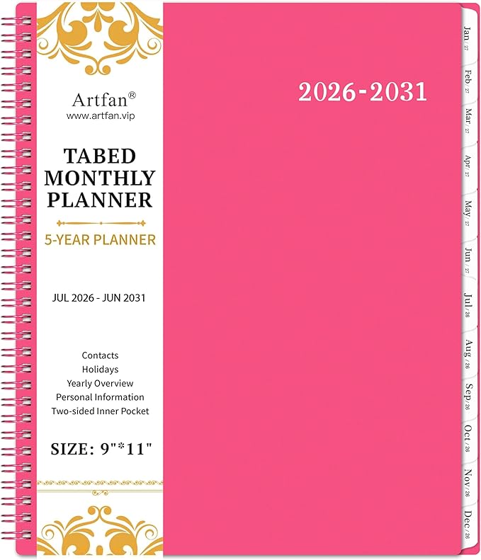 Monthly Planner 2026-2031 - 5 Year Planner/Calendar, 2026-2031 Monthly Calendar Planners Spiral Bound, Jul. 2026 - Jun. 2031, 9" x 11", Twin-Wire Binding + Tabs + Pocket - Rose Red