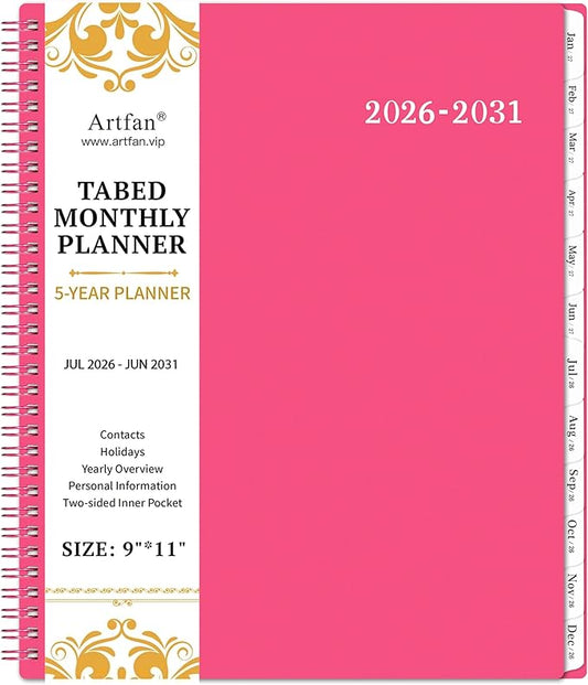 Monthly Planner 2026-2031 - 5 Year Planner/Calendar, 2026-2031 Monthly Calendar Planners Spiral Bound, Jul. 2026 - Jun. 2031, 9" x 11", Twin-Wire Binding + Tabs + Pocket - Rose Red
