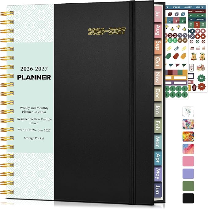 Academic Planner 2026-2027, Weekly and Monthly Calendar Planner from July 2026 - June 2027, 8.5" x 11" A4 Large Daily Agenda Book with Tabs, Flexible Cover, College School Organizer for Student Teacher, Black
