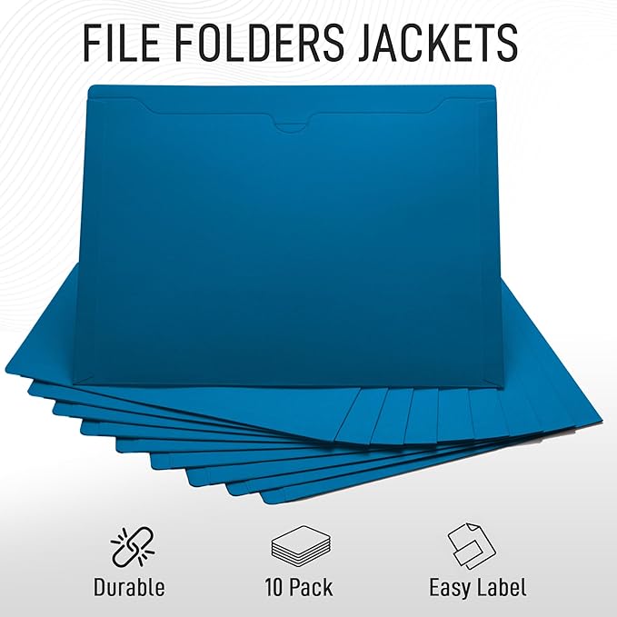 Blue File Jackets, Flat-No Expansion, Letter Size, Reinforced Straight-Cut Tab, 10 Pack