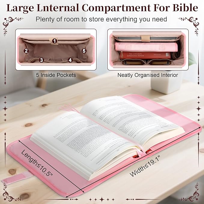 Large Bible Cover Case for Women, Bible Cover with Book Sleeve, Thick Padded Bible Case, Working Bible Tote Bag with Laptop and Bottle Pockets, Church Bag, Bible Bag for Women, Girl, Pink