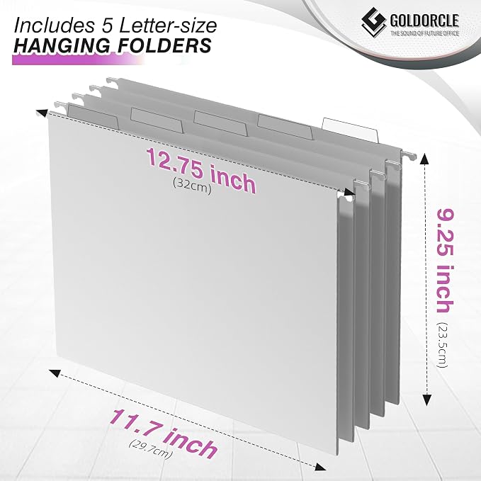Hanging File Organizer, Letter-Size File Holder Filing Box with 5 Hanging Folders, Metal Mesh Desk File Folder Storage(No Assembly Required) (Purple, with 5 Grey Folders)