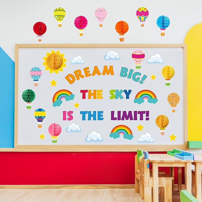 Funrous 82 Pcs Colorful 3D Hot Air Balloon Honeycomb Bulletin Board Set Hot Air Balloon Cloud Rainbow Sun Cutouts Honeycomb Bulletin Board for Preschool Kindergarten Back to School Classroom Supplies