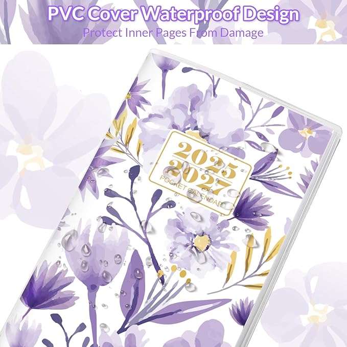 KONVINIT Pocket Calendar 2025-2027, Purple 2025-2027 Monthly Planner - 3.7" x 6.7" - Runs from July 2025 Until December 2027, Small Pocket Calendar 2026 with PVC Cover for Planning
