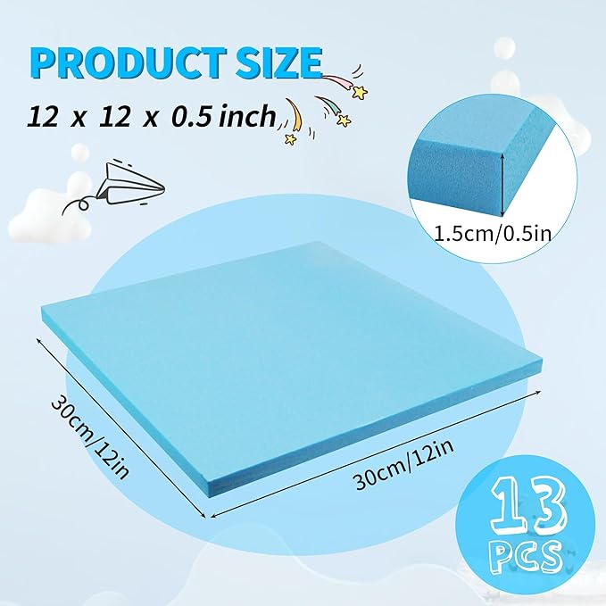 LuckyFoam Blue 13 Pack 12x12x0.5 inch Foam Sheets 0.5 Inch Thick Polystyrene Rectangles XPS Foam Board Craft for Insulating DIY Modeling Art Supplies