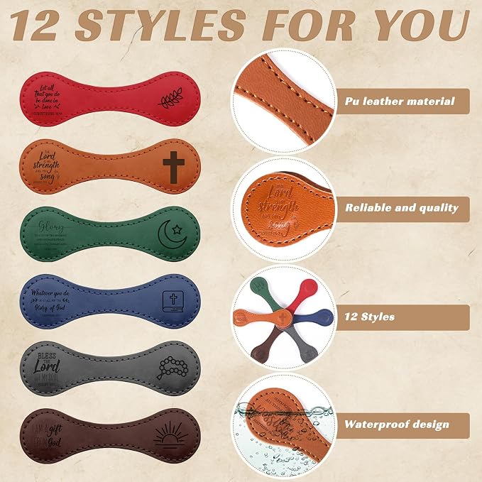 Sinload 12 Pcs Magnetic Christian Bookmarks Fathers Day Christian Gifts, Leather Bible Verse Bookmarks Scripture Page Markers for Men Dad Godfather Sunday School Reading Church Bible Study (Classic)