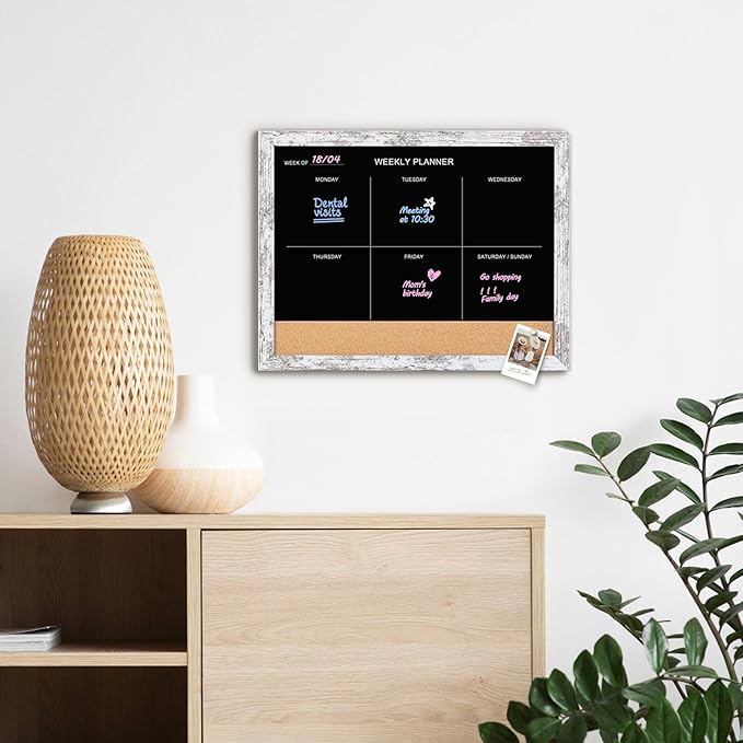 ZHYL Magnetic Weekly Calendar & Memo Board, Combination Chalkboard & Cork Board, Whitewashed Wood Framed Calendar (ZHYL-WH,4333)