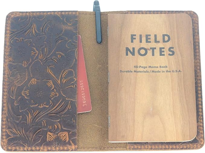 JJNUSA Distressed Leather Checkbook Journal Cover for Field Notes Moleskine Cahier Notebook Pocket size 3.5" X 5.5" Vintage Refillable Notepad Flower Brown