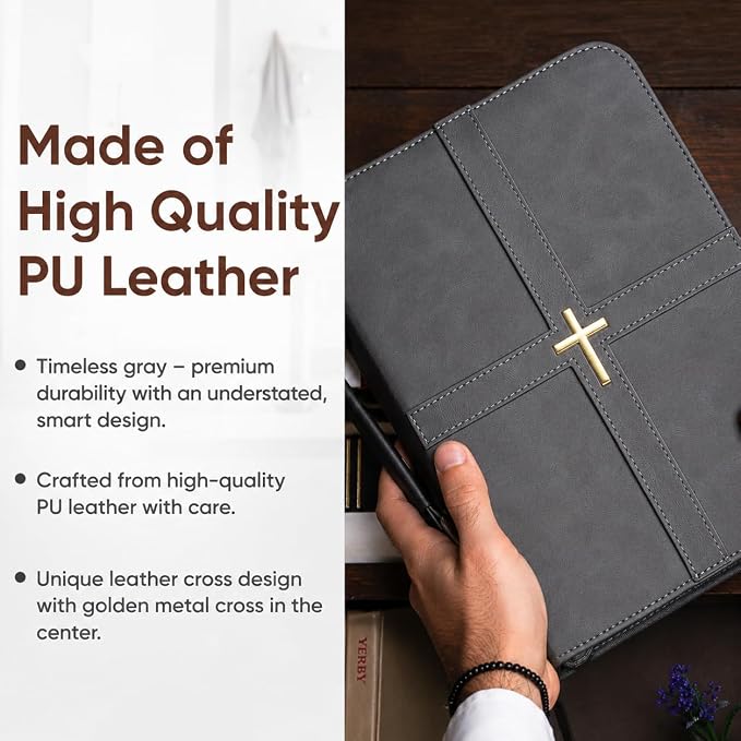 Bible Cover (U.S. Patent Pending), Discreet & Elegant Bible Case, Gray PU Leather Bible Cover, Cross Design Bible Bags, Strong and Sturdy Book Case, Includes Premium Bookmark