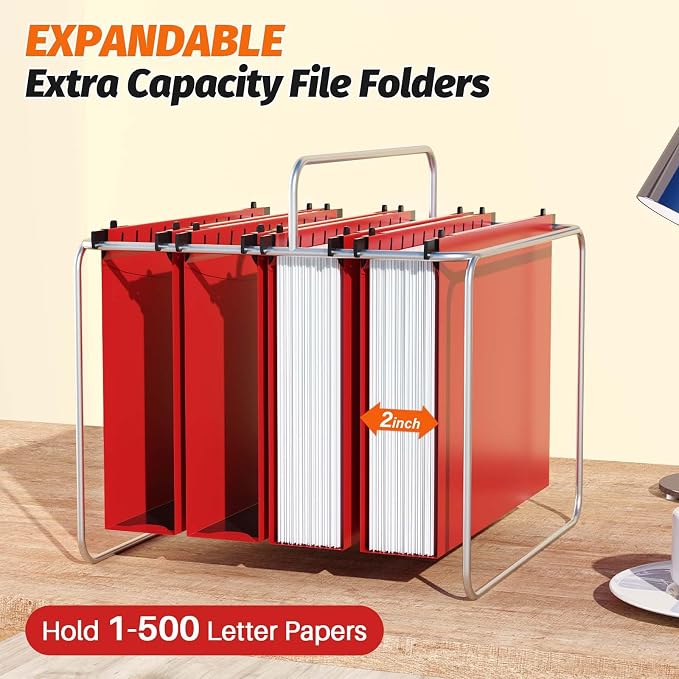 Shutex Extra Capacity Plastic Hanging File Folders,12 Pack Reinforced Hang Folders,Heavy Duty 2 Inch Expansion,Plastic Filing Cabinet Folders,Letter Size,for Bulk Files, Medical Charts,Red