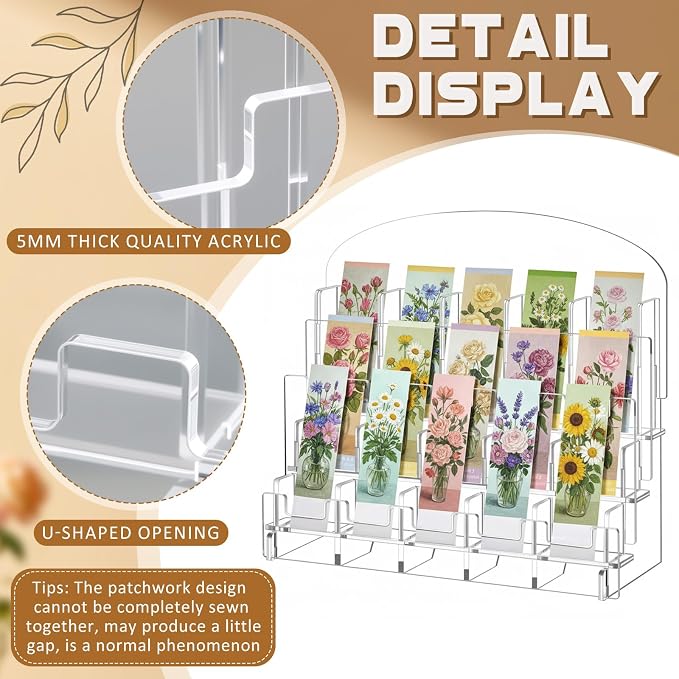 Yuntau Acrylic Bookmark Display, 0.2" Thick Acrylic Adjustable 2.2'' Stand, Portable Sticker Holder, Curved Pockets Greeting Card Display for Business Vendor, Retail Store Shop(detachable, 15 Pockets)