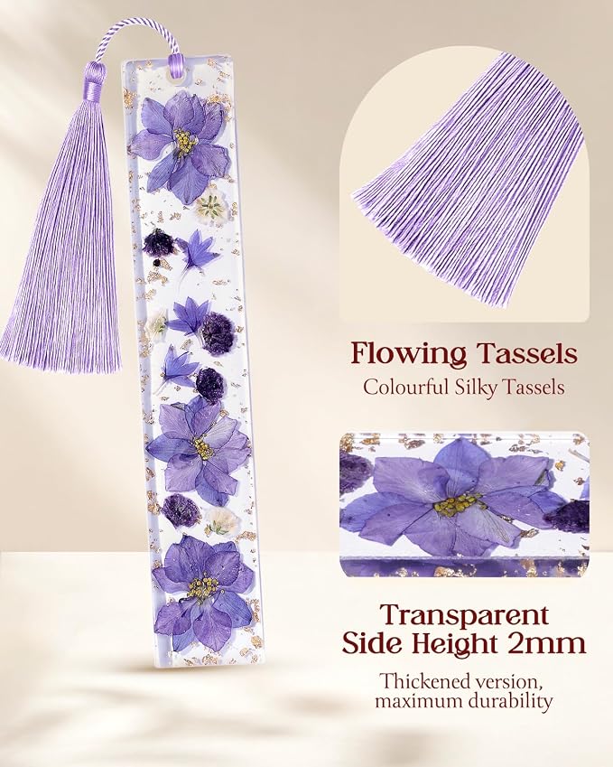 Buleens 2PCS Bookmarks for Women - Purple Yellow Book Marks for Readers Book Lovers, Personalized Handmade Dried Flower Resin Pressed Flowers Bookmark with Tassels, Pretty and Aesthetic