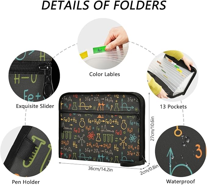 Expanding File Folder Science Chemistry Laboratory Accordion File Organizer 13 Pockets Document Organizer with Zipper Labels A4 Letter Office Storage