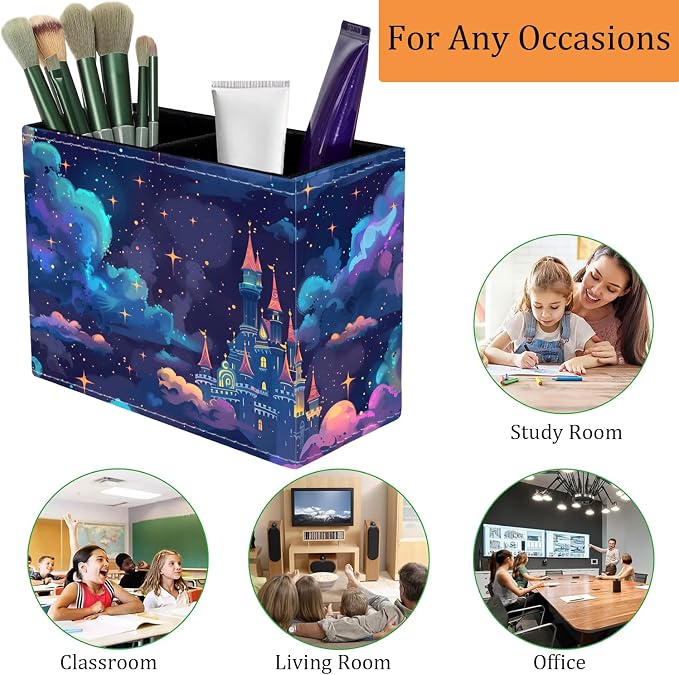 Pen Holder for Desk, PU Leather Multifunctional Desktop Storage Box and Anti-Slip Mouse Pad Set, Makeup Brush Holder Pen Organizer for Office and Home - Astral Cloud Castle