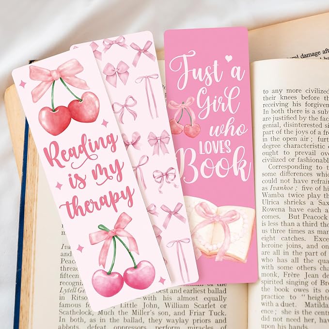 Coquettte Bows Paper Bookmarks for Women - 24 Pcs Pink Bow Cherry Paper Bookmarks for Girl, Cute Panda Cowboy Hat Bookmarks Creative Gift for Girlfriend Student Teacher Book Lover