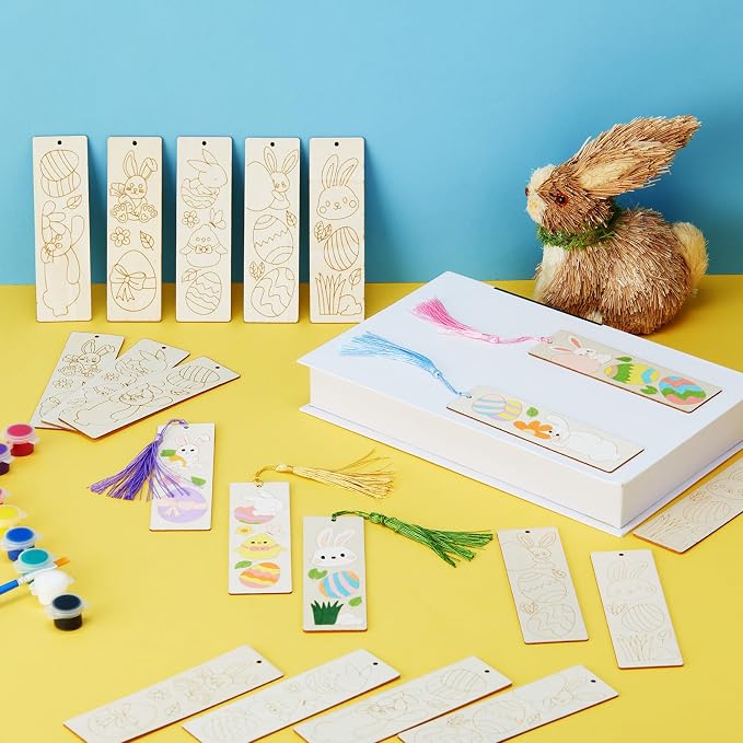 AmazingSpark 100 Pcs Easter Wood Bookmarks Bulk DIY Crafts Kit, 50 Set Blank Easter Bunny Coloring Bookmarks with Tassel for Classroom Gifts Exchange Activity Reading Party Favor Reward Goodie Fillers