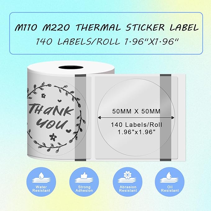 Round Circle Thermal Label Compatible with Phomemo M100/M110/M150/M221/M220/M120/M200/M250 Label Printer,1.96" x 1.96" 50x50 mm, 180 Labels/Roll, Black on Transparent,4 Rolls