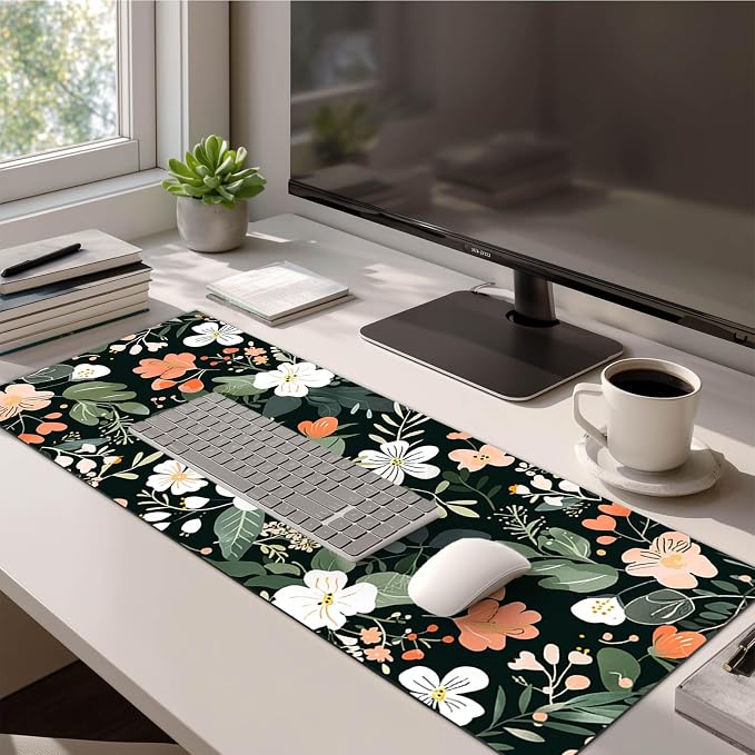 HOMETITUTE Large Floral Mouse Pad 31.5 x 11.8 in Extended Desk Mat Non Slip Waterproof Keyboard Mousepad with Botanical Blossom Design for Office Home Gaming