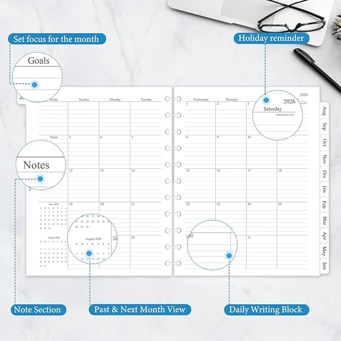 2026-2027 Monthly Planner Refill, A4 Letter Size Planner Inserts for 11-Disc Discbound, 8.5"x11", Jul. 2026 - Dec. 2027, 18 Monthly Calendars with Laminated Tabs