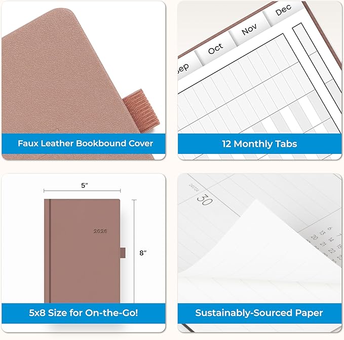 Blue Sky 2026 Weekly and Monthly Planner Calendar, January 2026 - December 2026, 5" x 8", Faux Leather Hard Cover, Bookbound, Tabs, Pen Loop, Soft Brown