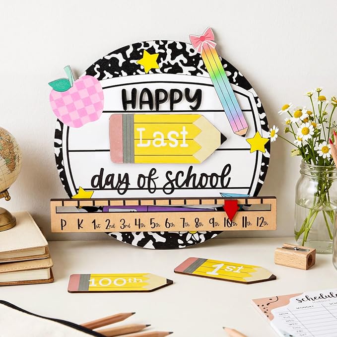 Kosiz First and Last Day of School Sign with Back to School Board Gifts Wooden First Day Sign Reusable Dry Erase 8''(Composition Notebook)