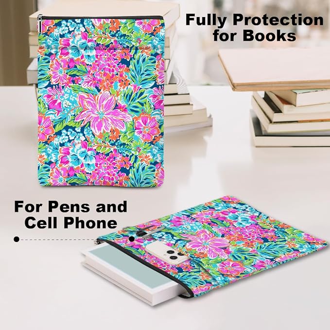 Book Sleeve Book Lovers Gifts Waterproof Books Pouch Protector with Zipper & Pocket Gifts for Women Girls Bookworm Teacher Reader Librarian Birthday Friendship Christmas Watercolor Floral Pattern