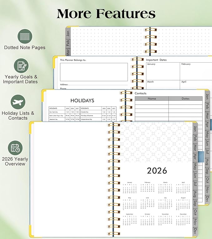 2026 Planner, Hardcover Leather Weekly and Monthly Planner, January 2026 - December 2026, Spiral Yearly Agenda Organizer Book 2026 with Tabs, Daily Calendar Planners for School Work Home, A5 (5.75" x 8.38"), Blue