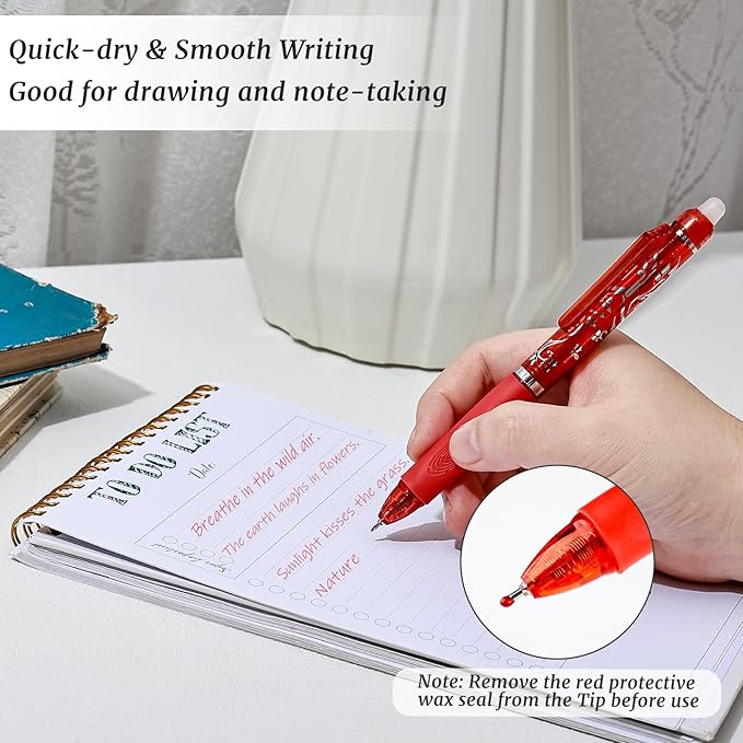 6 Pcs Retractable Erasable Pens, Colored Gel Red Ink Pens Clicker with Erasers, 0.5mm Fine Point Smooth Writing Pen for Journaling Note-Taking Crossword Puzzles Supplies (Red)