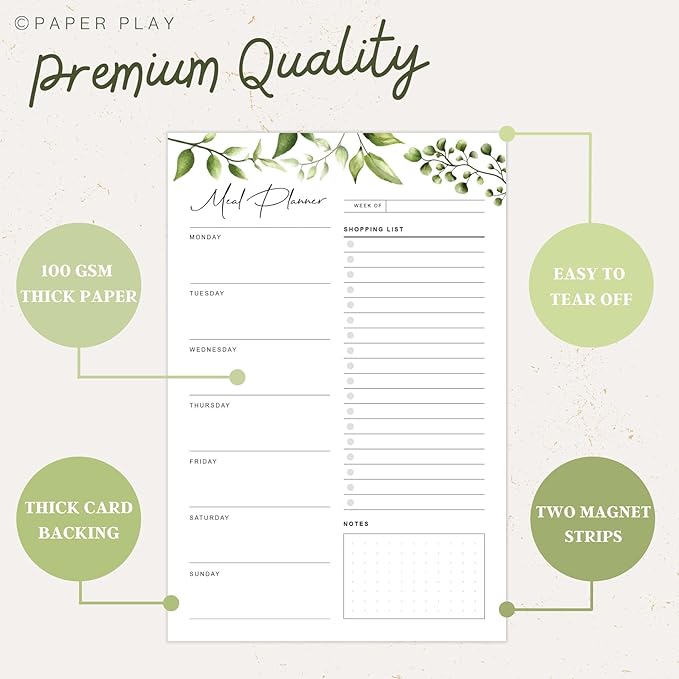 Magnetic Meal Planning Pad for Fridge 52 Undated Tear-off Sheets, 6x9 Inch Meal Planning Notepad for Meal Planner & Grocery List with Magnet, Weekly Meal Planner with Tear Off Shopping List