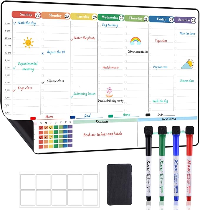 POPRUN Magnetic Calendar for Refrigerator 16.5"x11", Fridge Calendar Whiteboard with Hourly Time Slots Perfect as Schedule Planner, Planning Boards for Home, Family, Office, School
