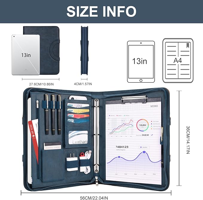 Leathario Portfolio Binder, Includes 5 Folder Index Dividers, 13 Inch Tablets Organizer with Handle, Vegan Leather A4 Padfolio, Multi-Pocket Notepad Business Planner Professional Document
