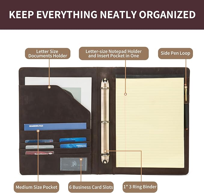 Genuine Leather 3 Ring Binder, 8.5 x 11 Letter Size Folio with Pen Holder, Soft Notebook Portfolio Cover, Slim Notepad Padfolio Thin File Organizer for Work Executive Meeting, Dark Khaki