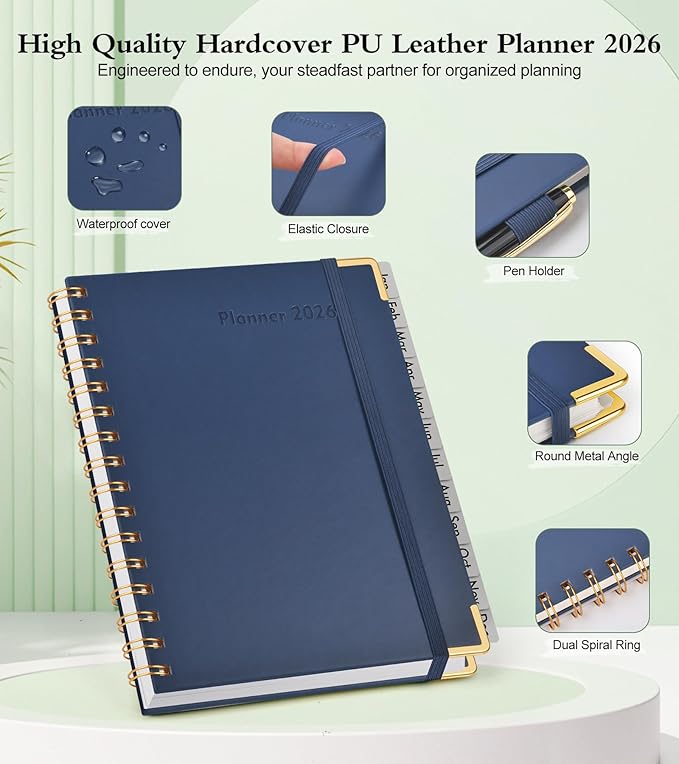 2026 Planner, Hardcover Leather Weekly and Monthly Planner, January 2026 - December 2026, Spiral Yearly Agenda Organizer Book 2026 with Tabs, Daily Calendar Planners for School Work Home, A5 (5.75" x 8.38"), Navy