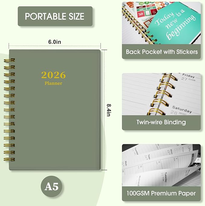 Ymumuda Academic Planner 2026, Daily Weekly and Monthly Calendar Planner (Jan. 2026-Dec. 2026),8.4"×6.3", Hardcover Notebook Teacher Supplies, Premium Thick Paper, Planners for School Work Office