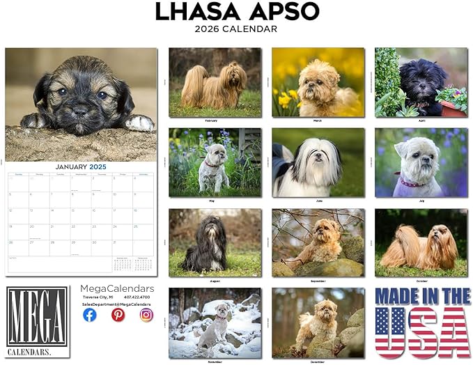 2025 2026 Lhasa Apso Calendar - Dog Breed Monthly Wall Calendar - 12" x 18" Open - Thick No-Bleed Paper - Giftable - Academic Teacher's Planner Calendar Organizing & Planning - Made in USA