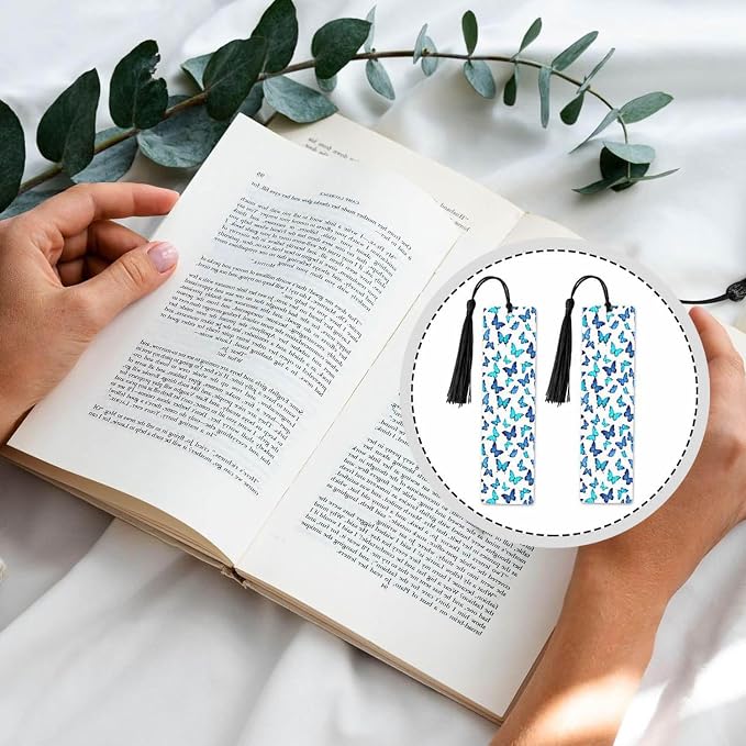 Blue Butterflies Bookmarks 5 Pcs with Tassels Insect Shiny Wooden Bookmarks for Reading Women Students Teacher Reader