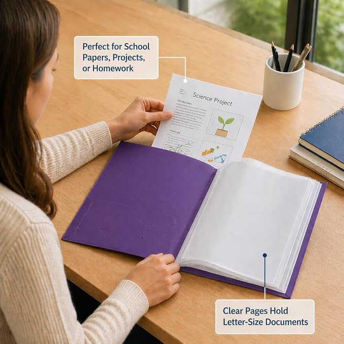 Ultra PRO - 50 Pack Purple Heavy Duty 2-Pocket Folders with 6 Clear Internal Pages, Waterproof Poly Project Organizer for School and Office, Fits 8.5 x 11 Letter Size, Customizable Clear Covers