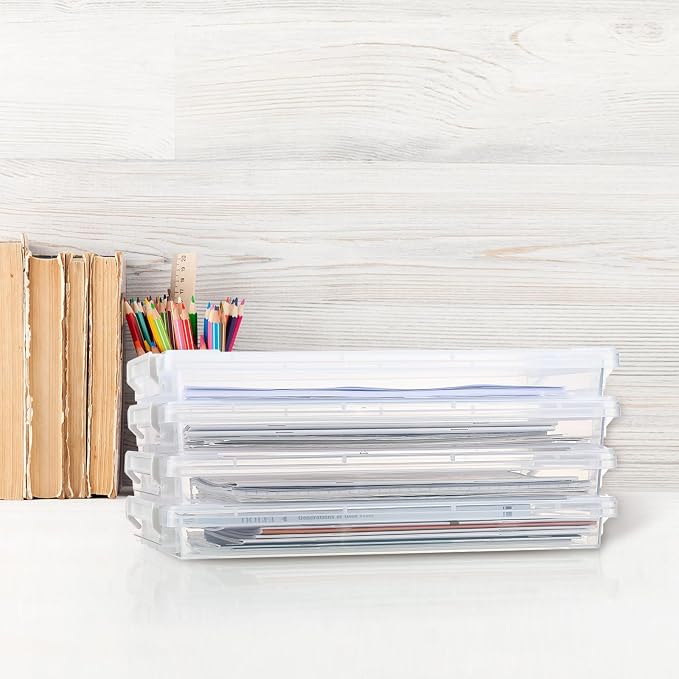 12 Pcs A4 File Paper Storage Box 14.33 x 9.84 x 1.57 Inch Clear Magazine Protector Stackable Portable Project Case for Organizing Documents, Scrapbook, Jewelry, Beading Project, School Office Supplies