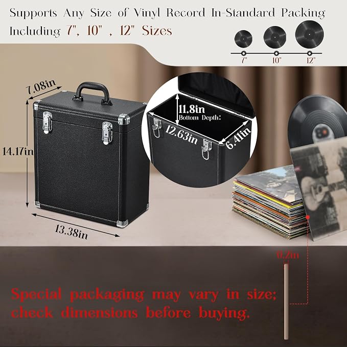 Hododou Vinyl Record Storage Box with Lock Record Organizer Storage for 30+ Single Records 12-inch Water Resistant Collapsible Storage Crate with Lid Handle Mesh Pouch for Valuable Album Collection